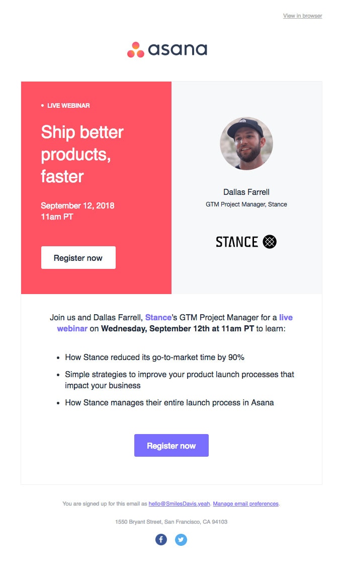 Event Invitation Email Example from Asana