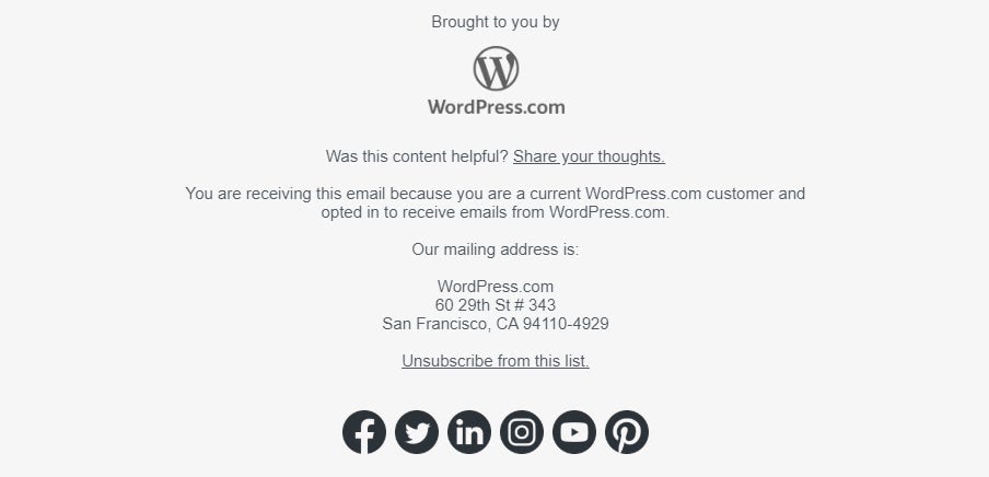 Email footer - feedback proposals, the reason of the message, the sender's physical address, unsubscribe links, and social media buttons